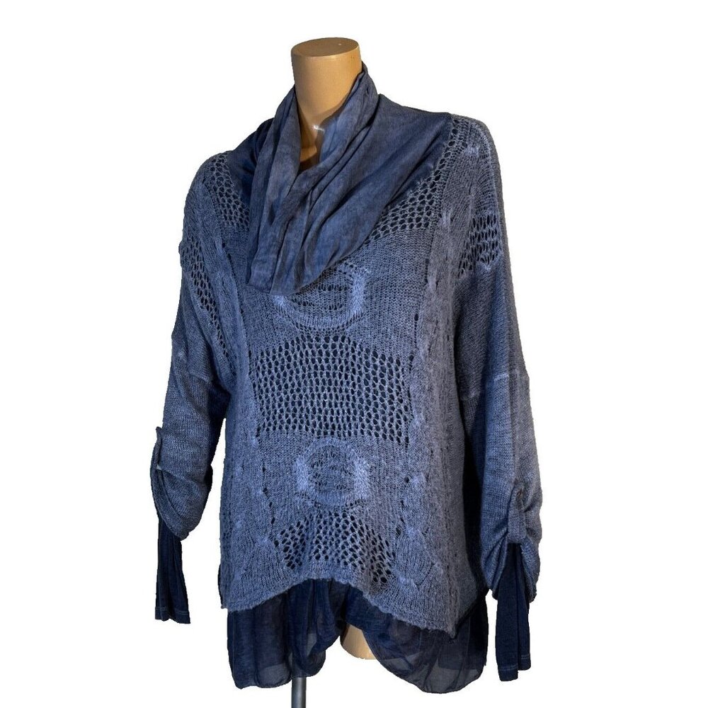 Lace The Label Sweater Mohair Med Blue Lagenlook Cowl Neck Roll Tab Layered